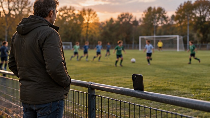 A parent watching a youth football match with hands in pockets, phone propped on the fence rail beside them