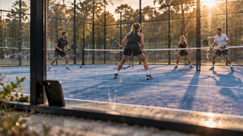 Looking through the back glass of a padel court at four players, with a phone propped against the glass