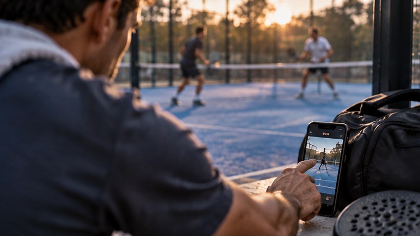 A hand reaching to tap a phone propped against a bag at the edge of a padel court, saving the point that just happened