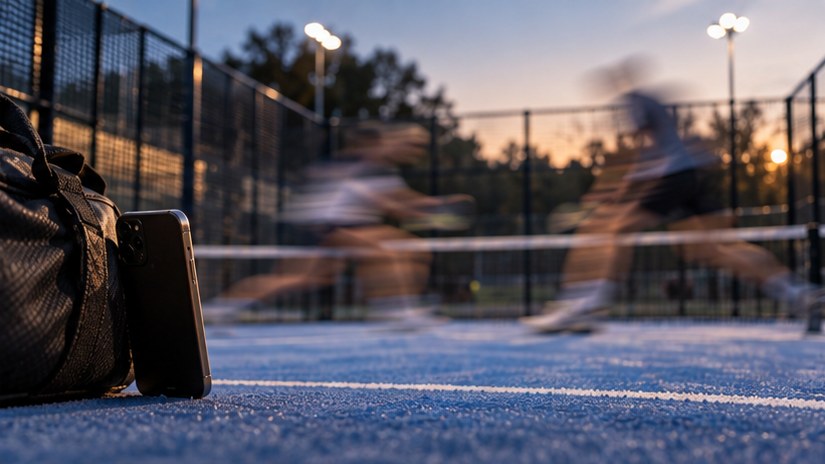 A phone stands perfectly still against a bag while the players behind it blur with motion