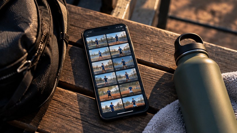 A phone on a bench showing a grid of short saved sports clips instead of one long recording