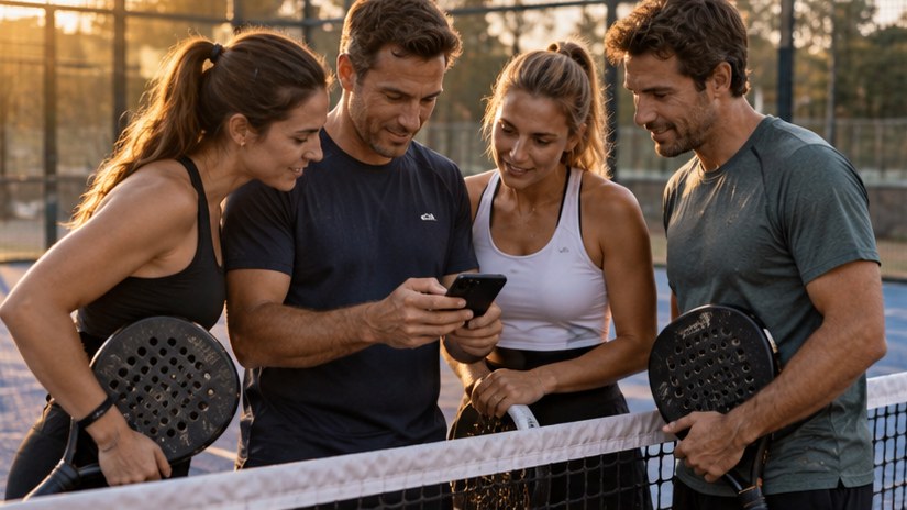 Four padel players looking at saved clips together on a phone after their match