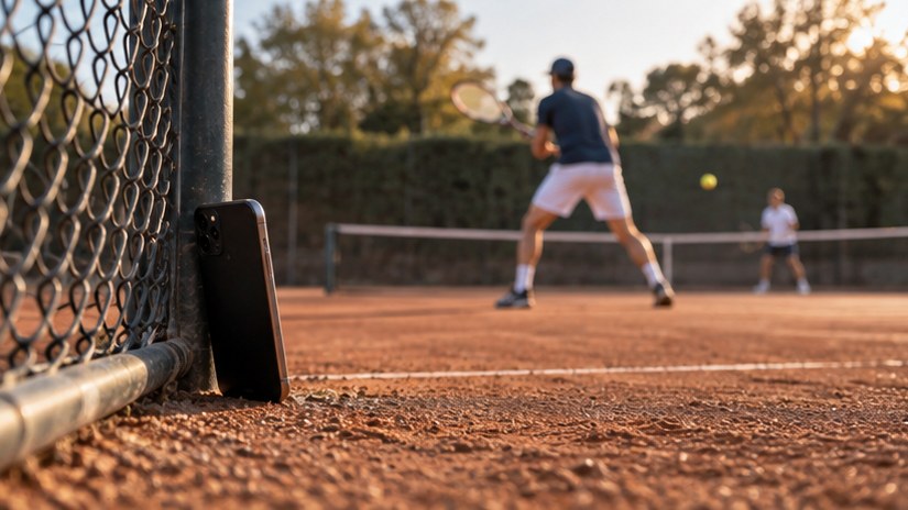 A phone propped against the fence of a clay tennis court, filming a rally