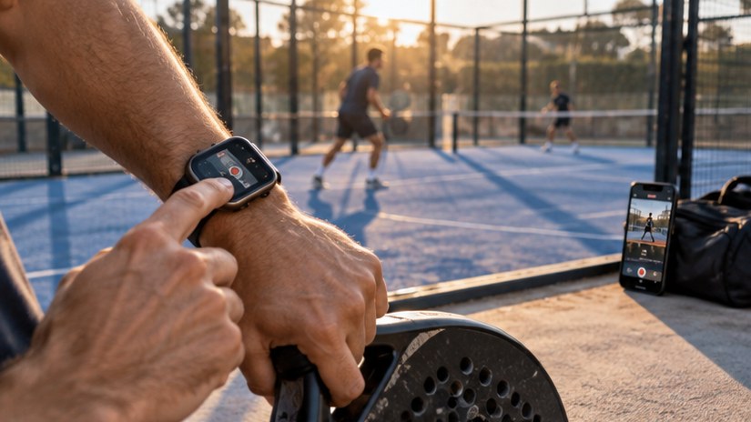 Swiping up on a smartwatch to save a clip while the phone films from the side of the padel court